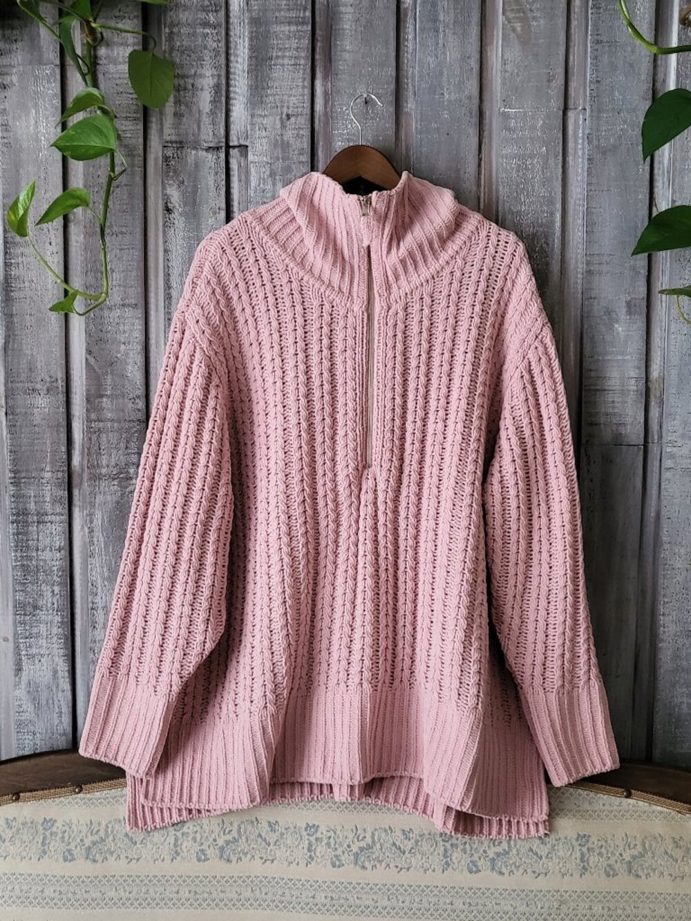 Pink Chenille Cable Knit Oversized Quarter Zip Sweater